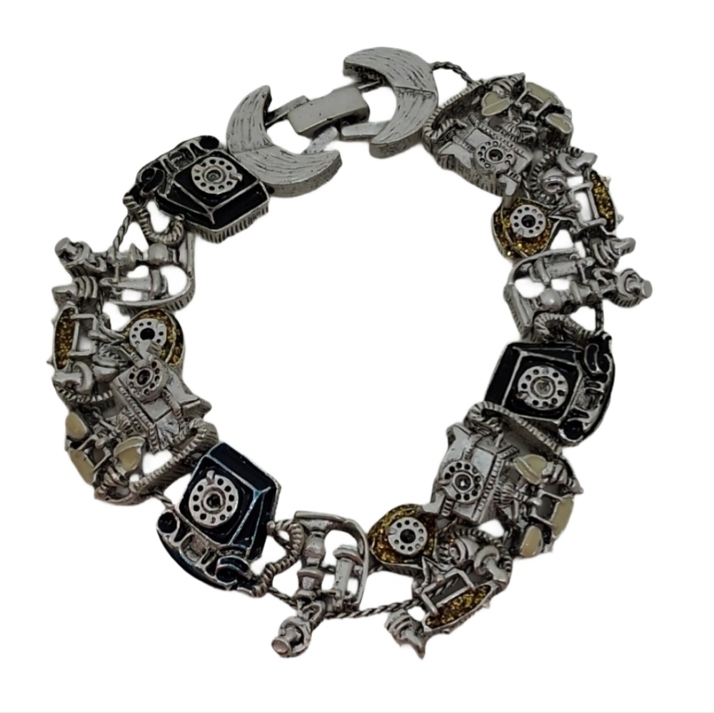 Vintage Silver Tone Telephone Charm Bracelet Retro Rotary Phone Kitsch Jewelry - Picture 3 of 6